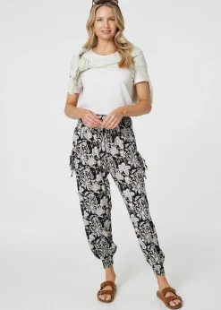 Trousers>Izabel London Black Floral Print Relaxed Harem Pants