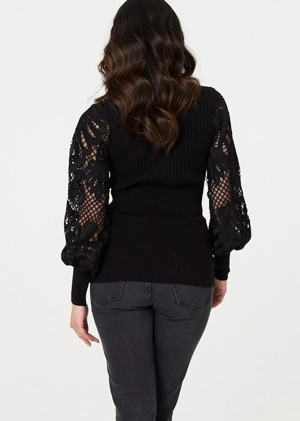 Tops>Izabel London Black Floral Lace Puff Sleeve Fitted Knit Top