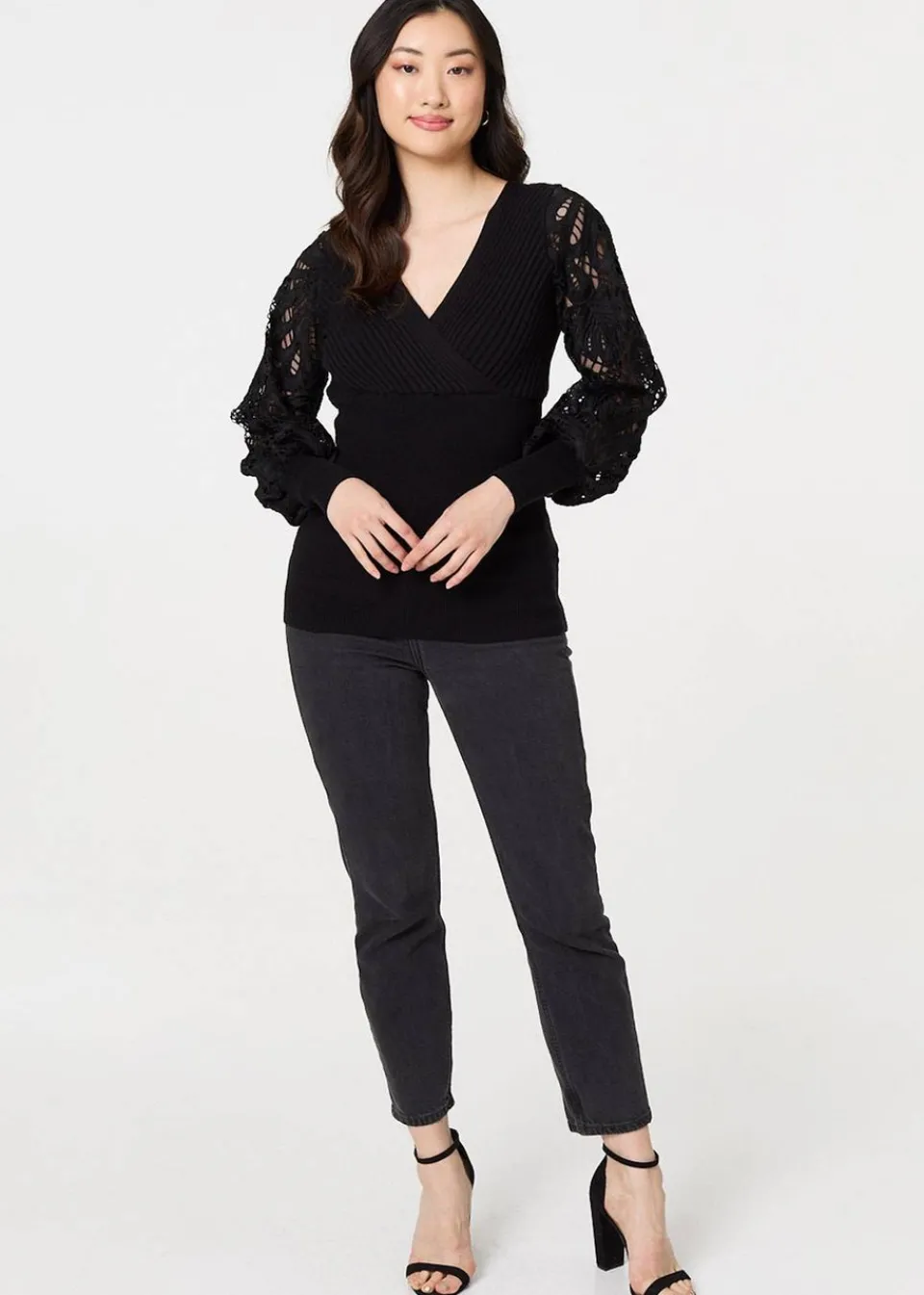 Tops>Izabel London Black Floral Lace Puff Sleeve Fitted Knit Top
