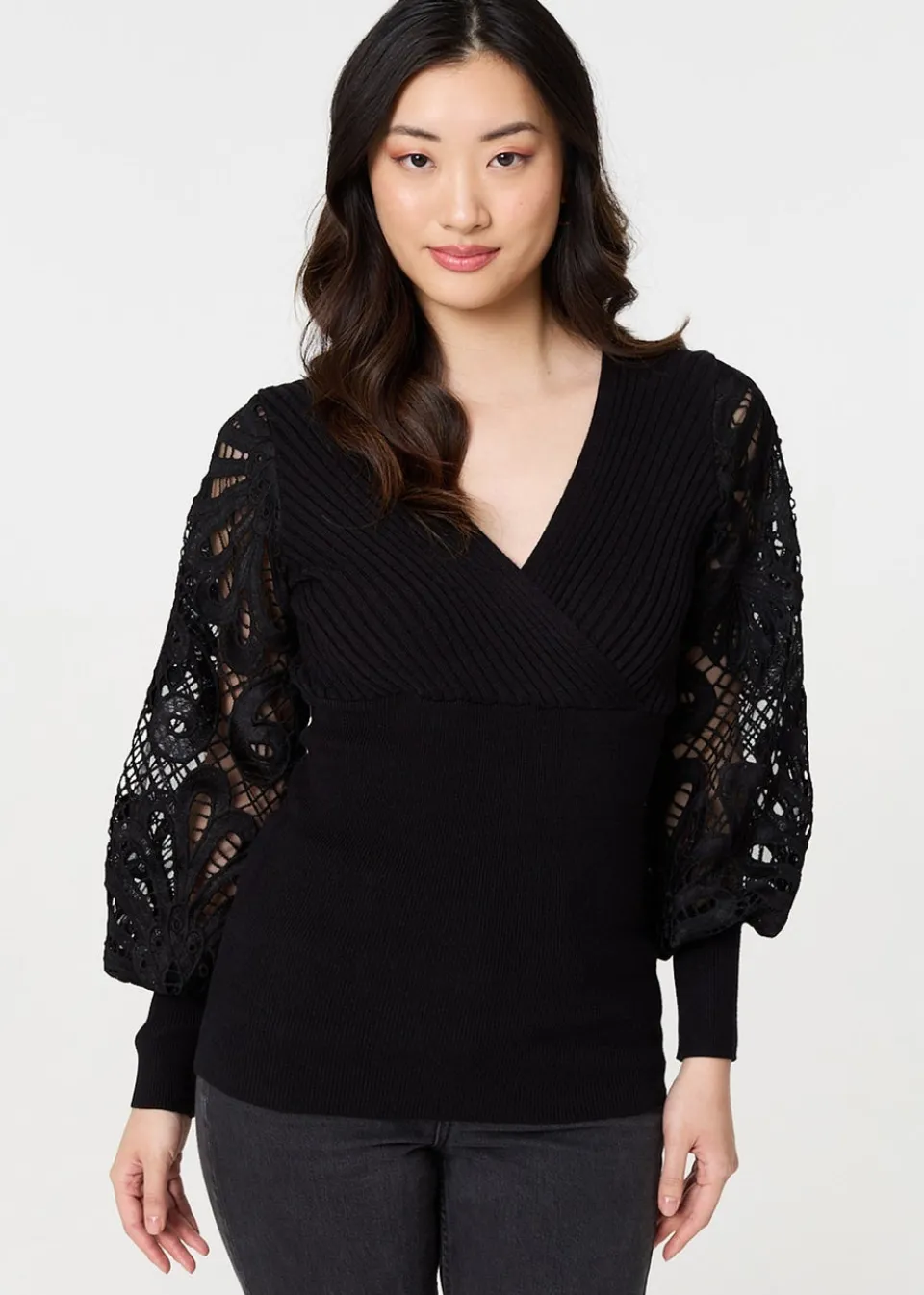 Tops>Izabel London Black Floral Lace Puff Sleeve Fitted Knit Top