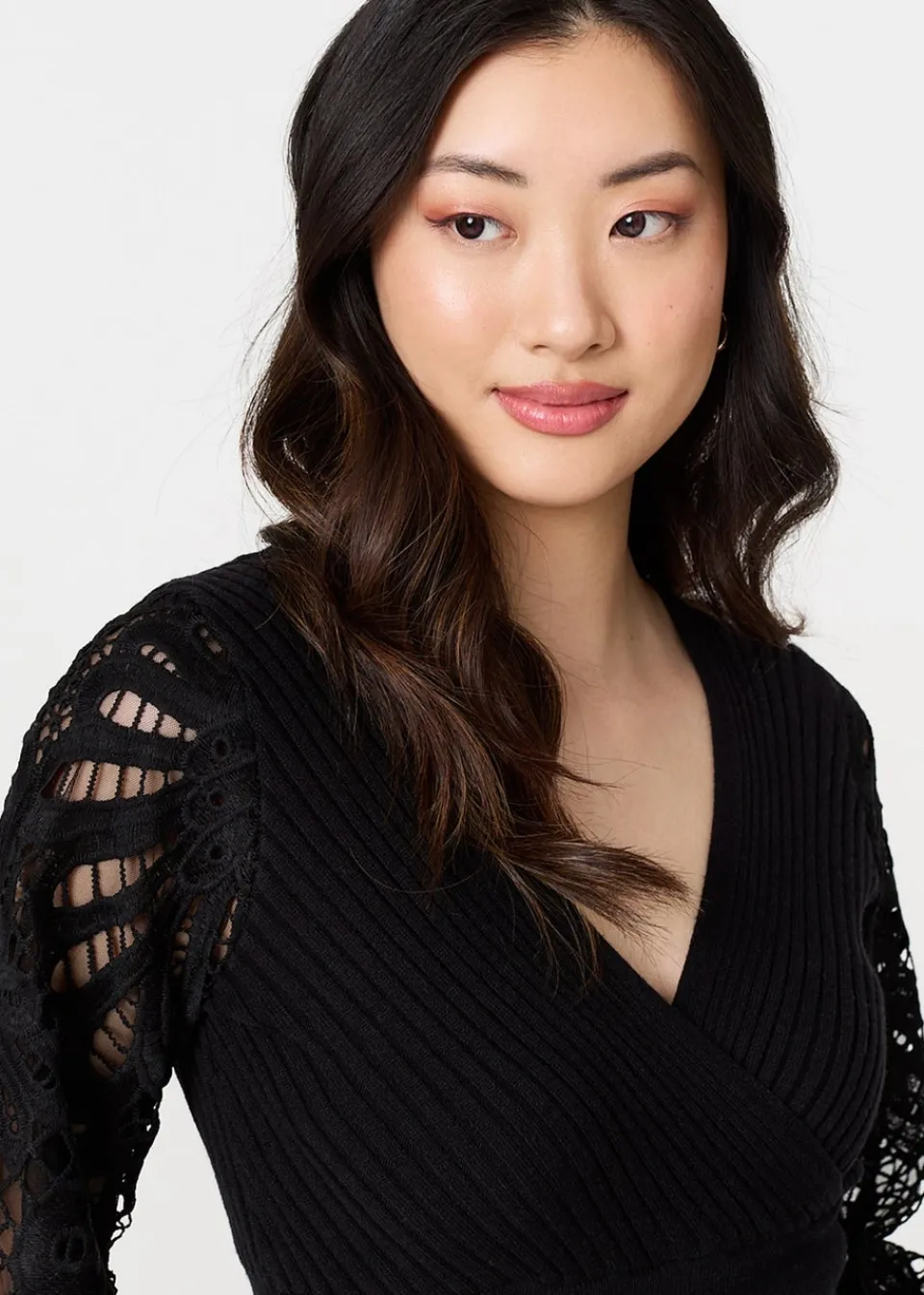 Tops>Izabel London Black Floral Lace Puff Sleeve Fitted Knit Top