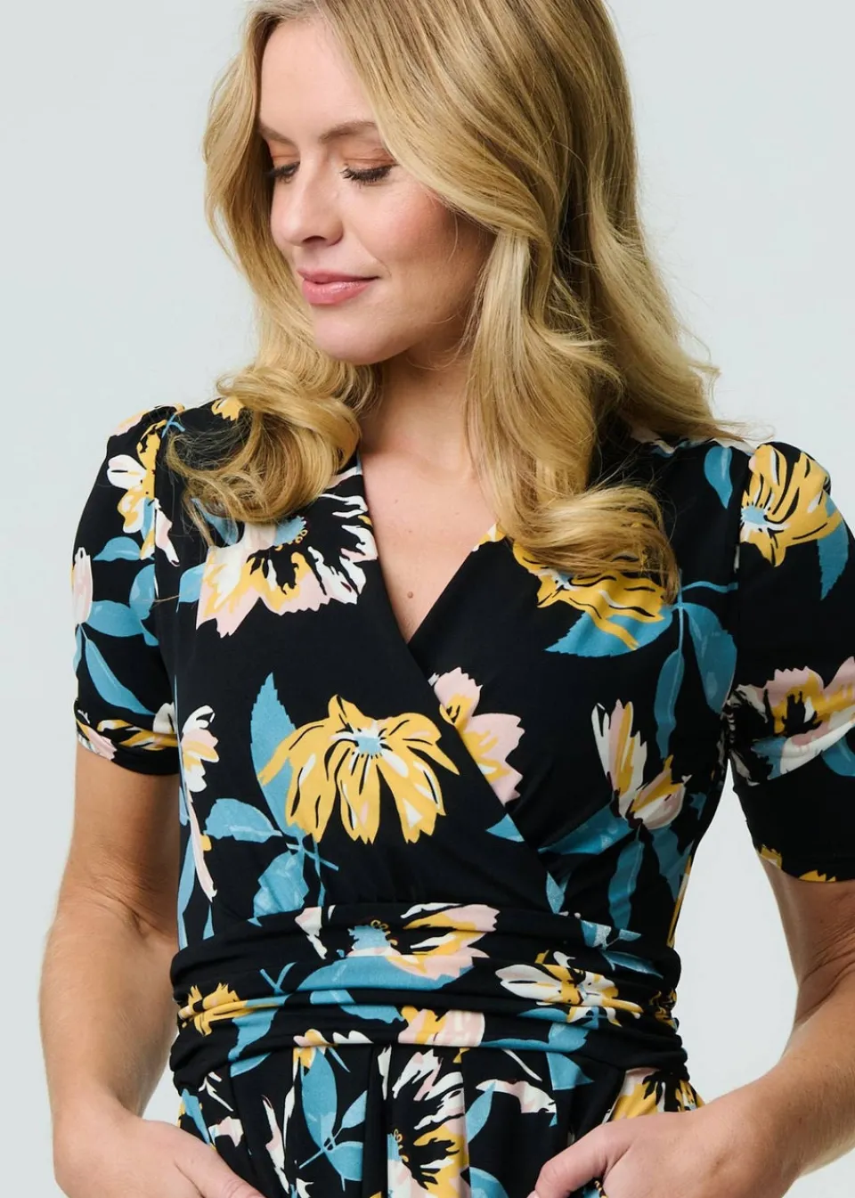 Dresses>Izabel London Black Floral Short Sleeve Faux Wrap Midi Dress