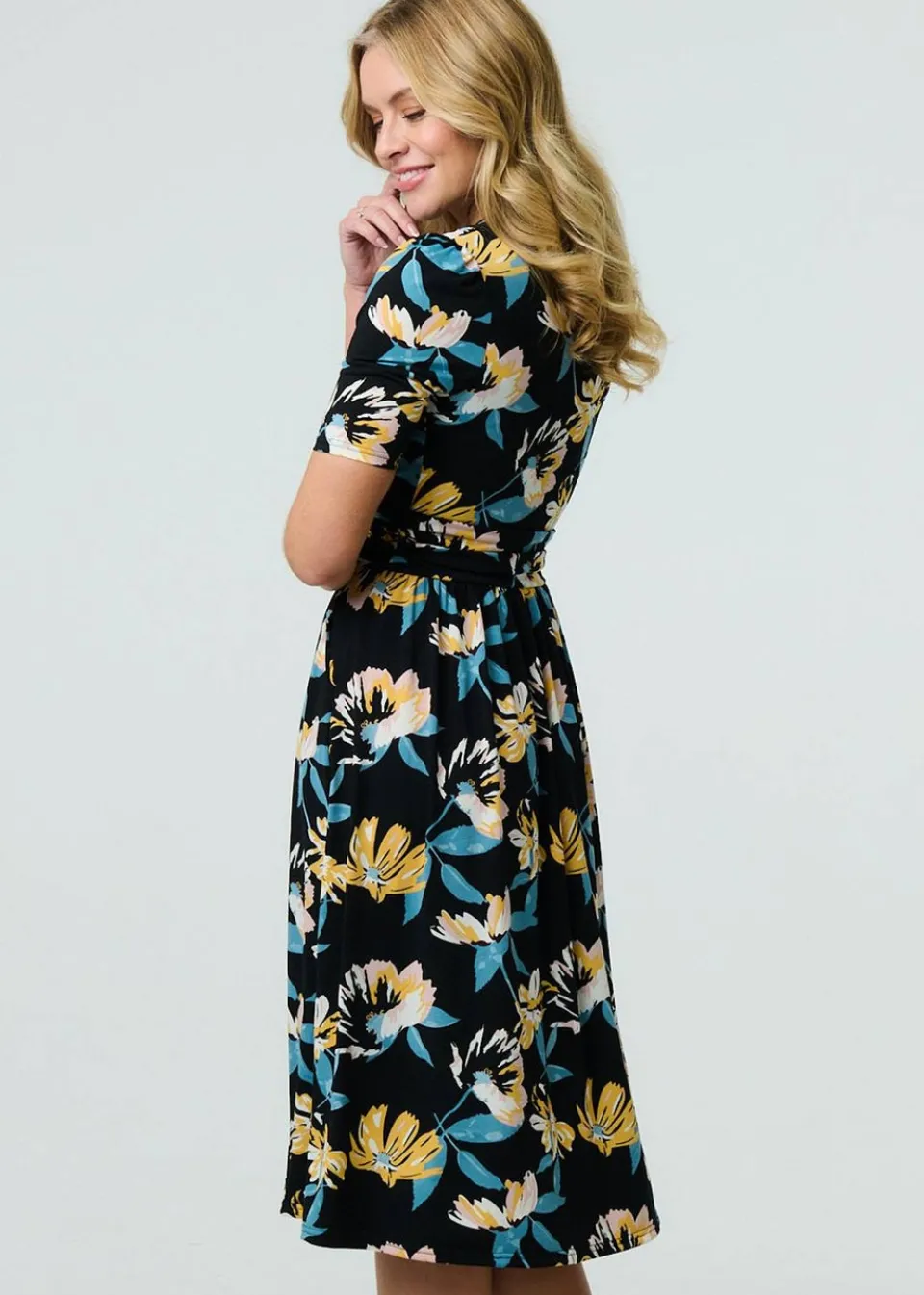 Dresses>Izabel London Black Floral Short Sleeve Faux Wrap Midi Dress