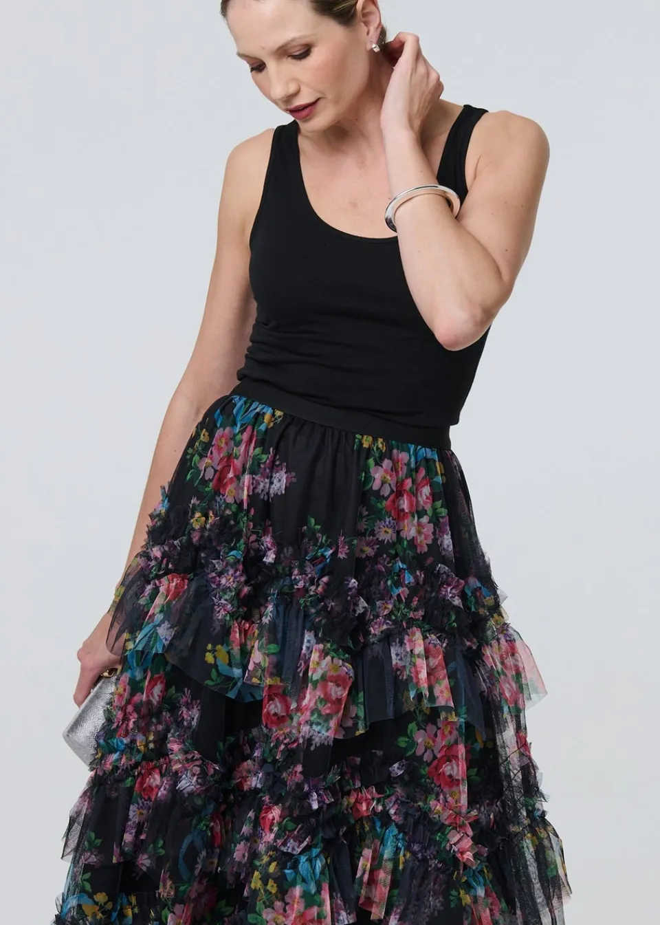 Skirts>Izabel London Black Floral Semi Sheer Mesh Ruffled Midi Skirt