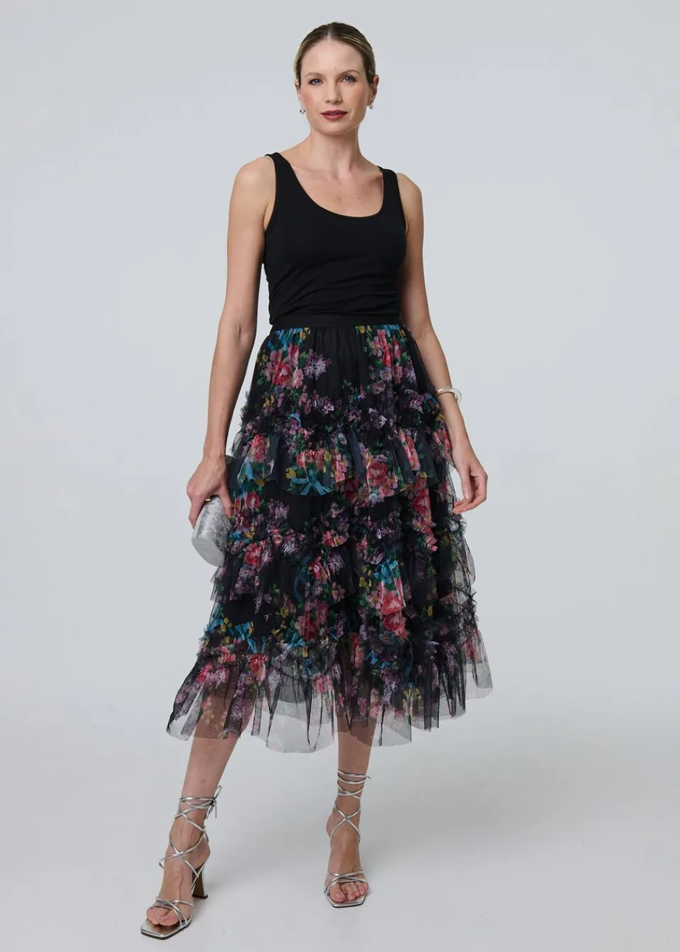 Skirts>Izabel London Black Floral Semi Sheer Mesh Ruffled Midi Skirt