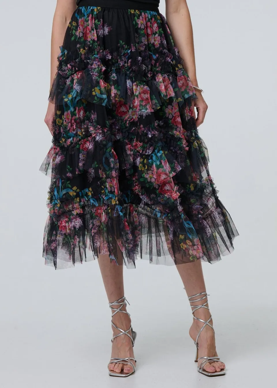 Skirts>Izabel London Black Floral Semi Sheer Mesh Ruffled Midi Skirt