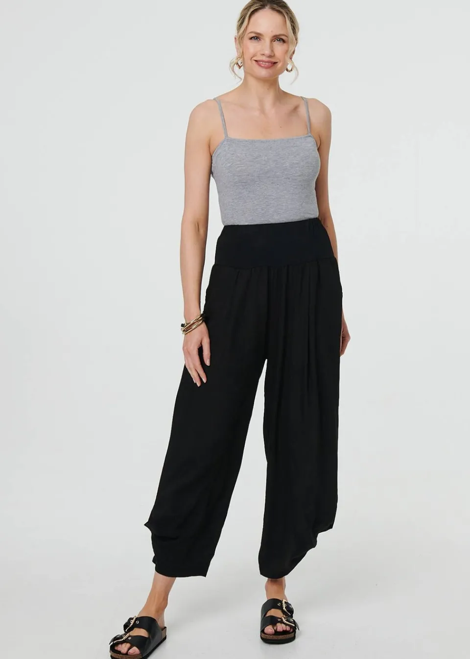 Trousers>Izabel London Black High Waist Relaxed Ruched Leg Trousers