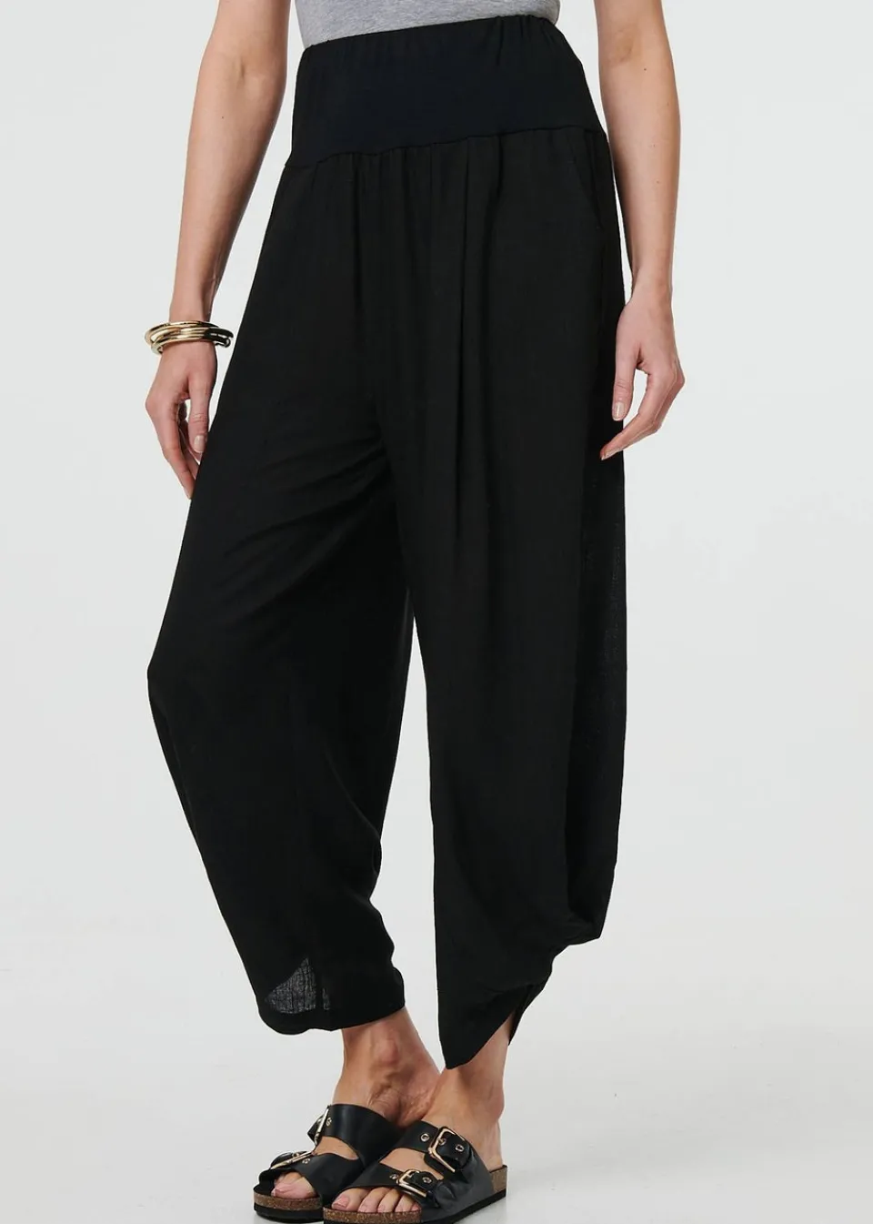 Trousers>Izabel London Black High Waist Relaxed Ruched Leg Trousers