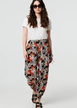 Trousers>Izabel London Black Leaf Print High Waist Shirred Harem Pants