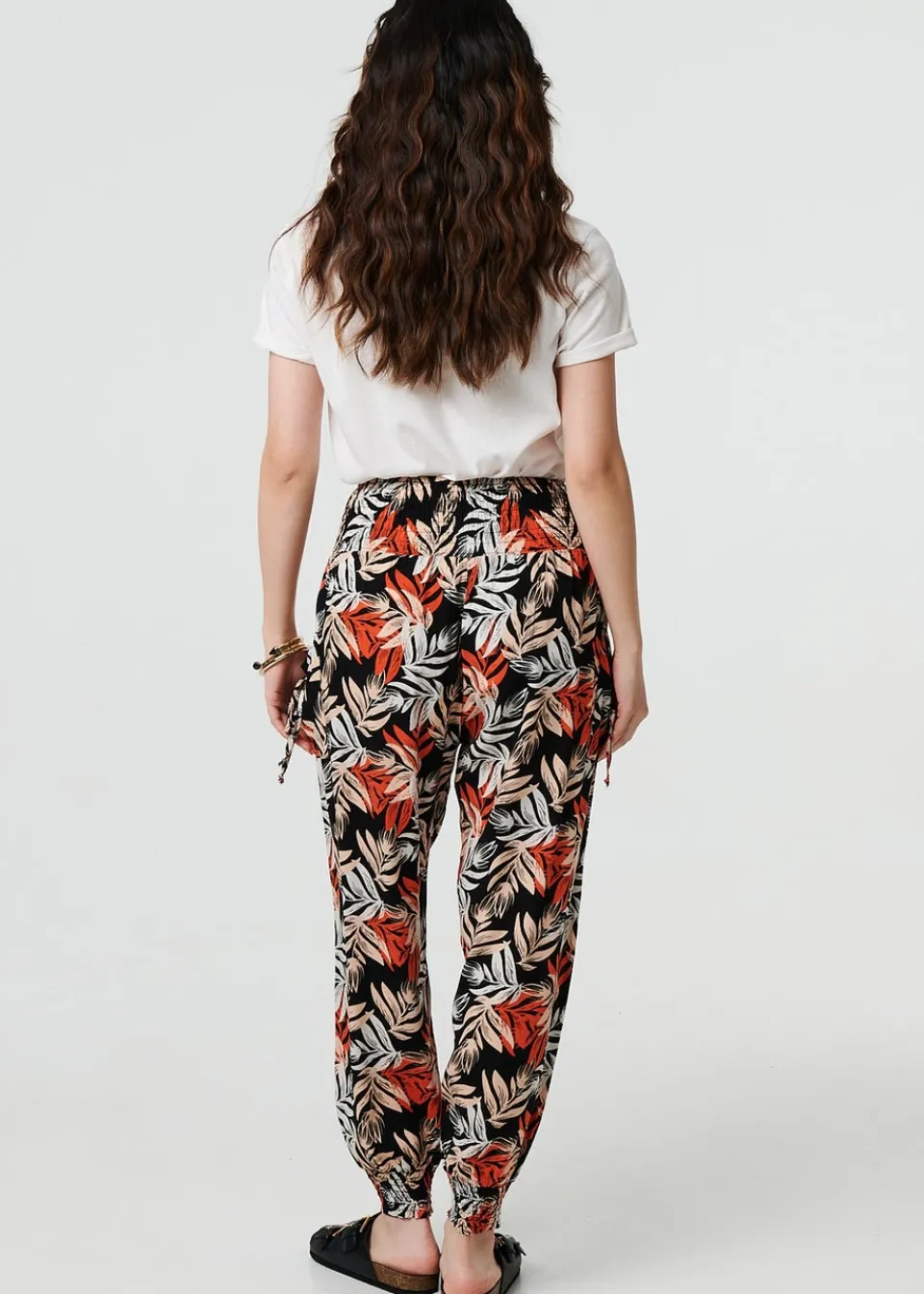Trousers>Izabel London Black Leaf Print High Waist Shirred Harem Pants