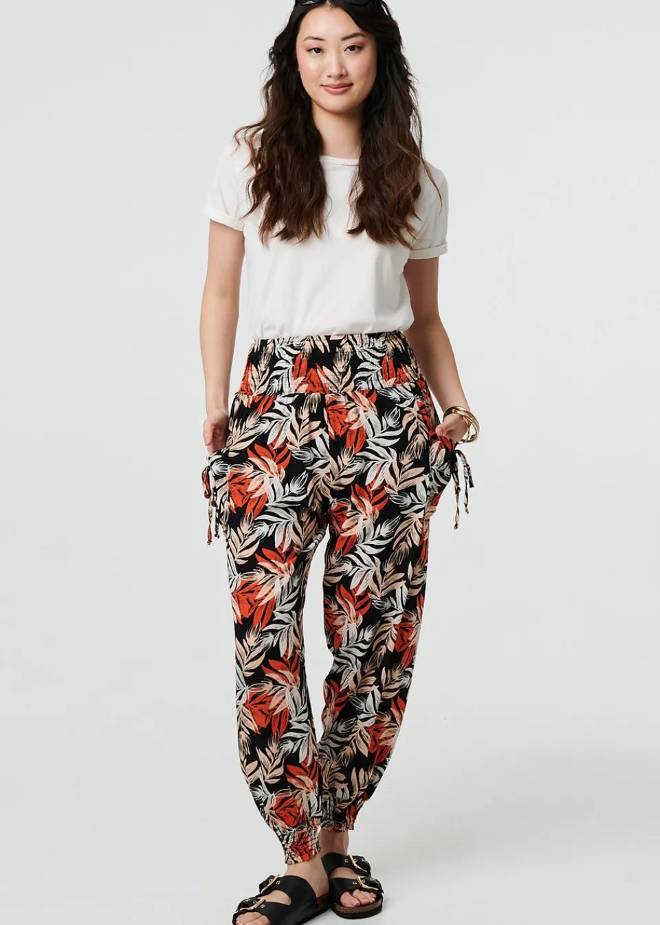 Trousers>Izabel London Black Leaf Print High Waist Shirred Harem Pants