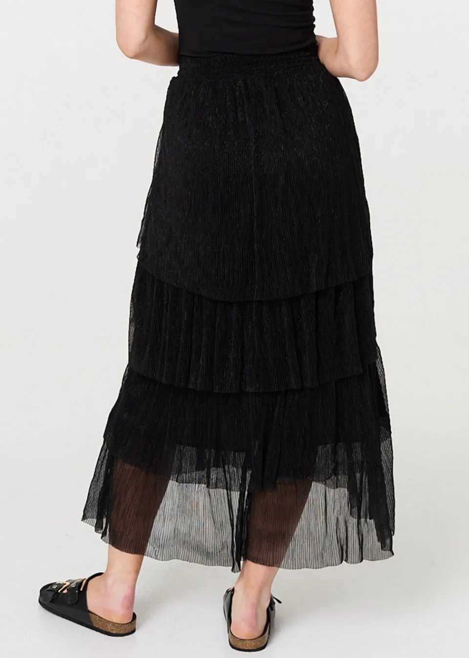 Skirts>Izabel London Black Metallic Textured Tiered Midi Skirt