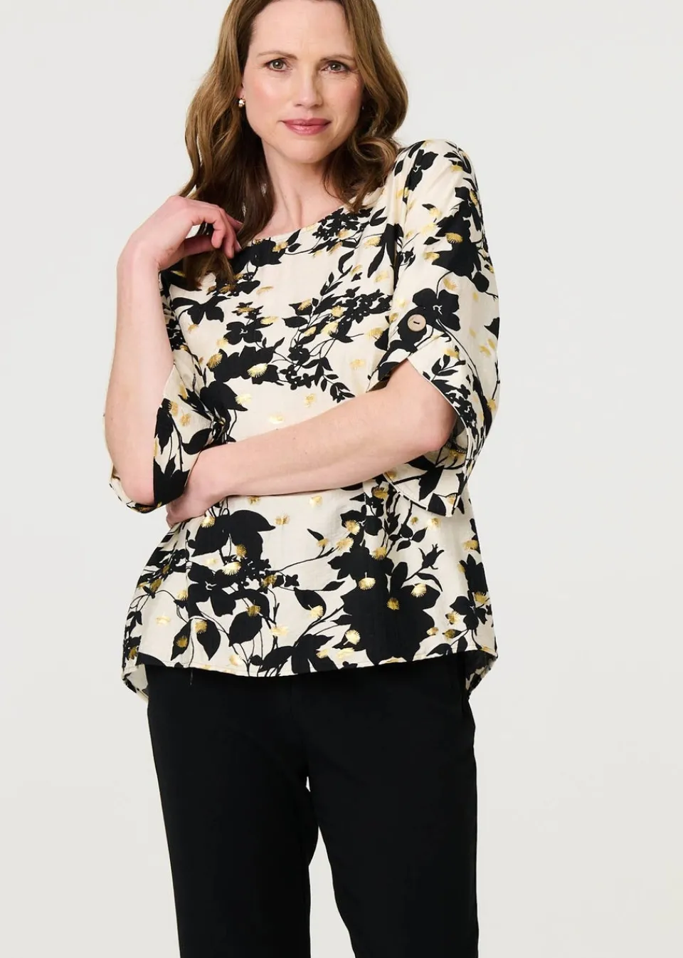 Tops>Izabel London Black Metallic Trim Leaf Print Blouse
