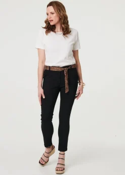 Trousers>Izabel London Black Mid Rise Straight Trousers with Belt