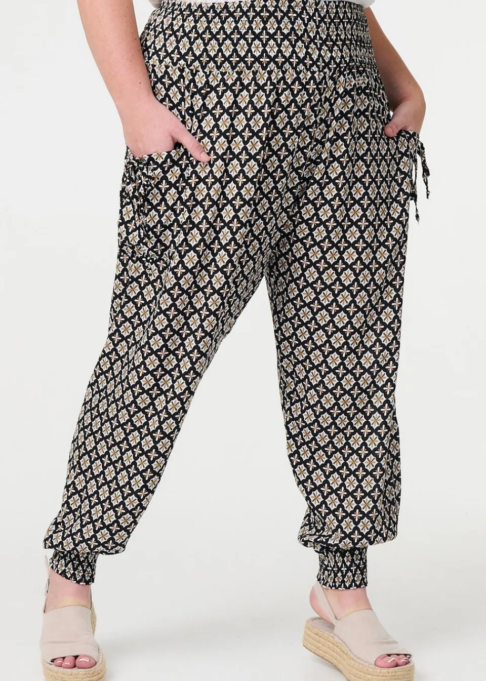 Trousers>Izabel London Black Mosaic Print Shirred Harem Pants