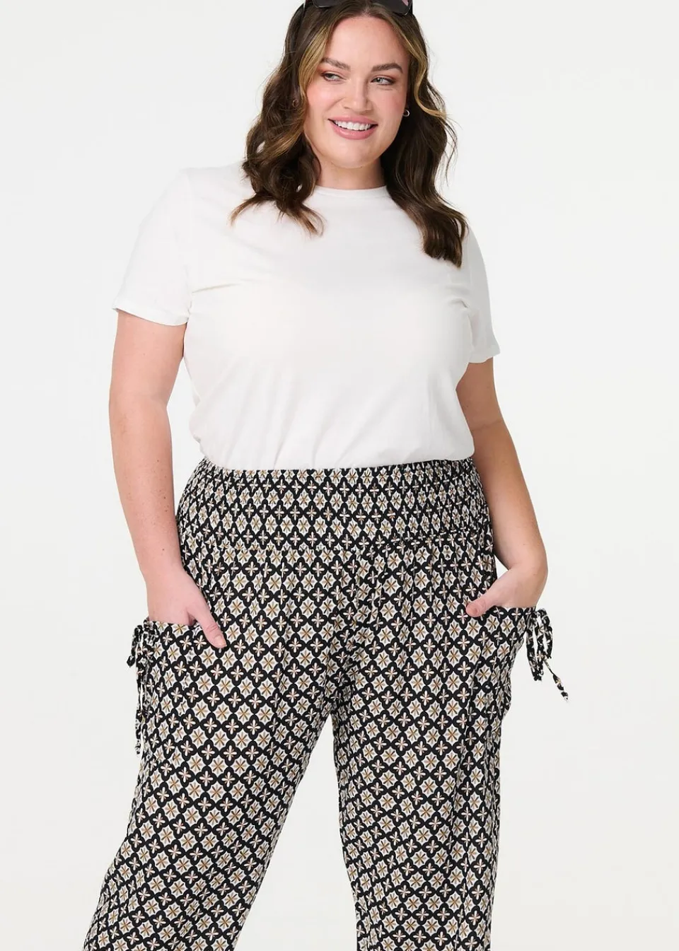 Trousers>Izabel London Black Mosaic Print Shirred Harem Pants