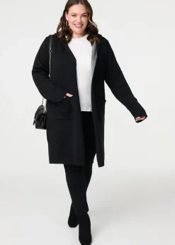 Tops>Izabel London Black Open Front Hooded Longline Cardigan