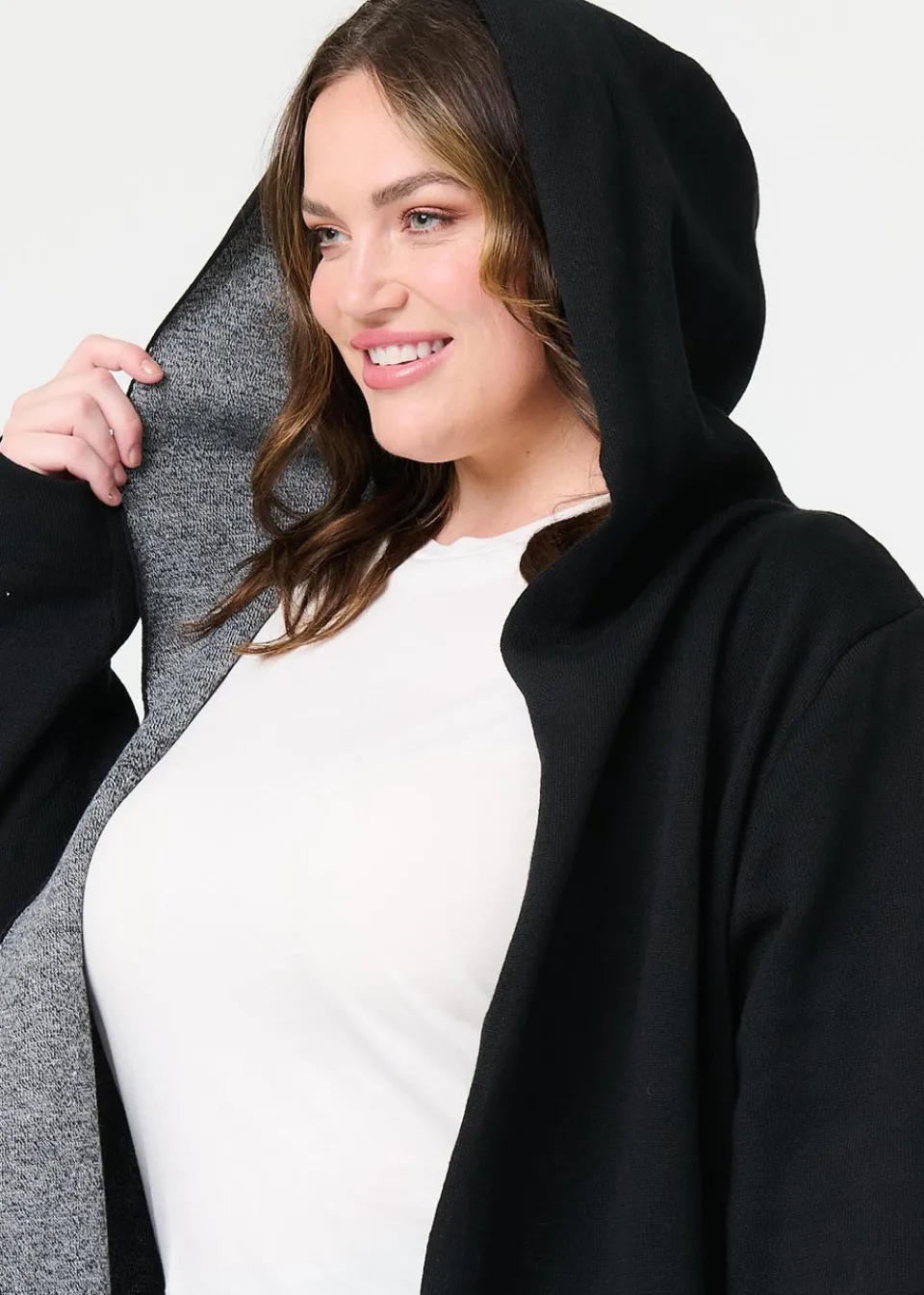 Tops>Izabel London Black Open Front Hooded Longline Cardigan