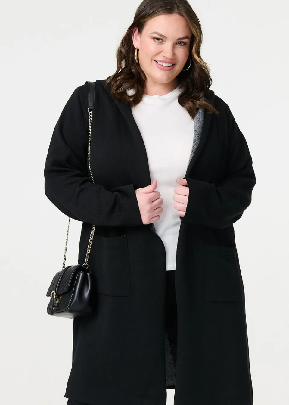 Tops>Izabel London Black Open Front Hooded Longline Cardigan