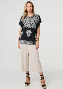 Tops>Izabel London Black Paisley Print Tie Waist Kimono Blouse Top