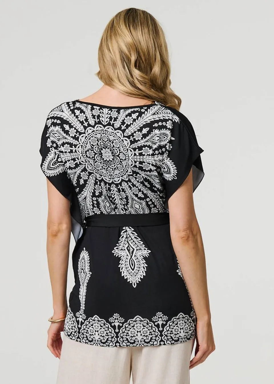 Tops>Izabel London Black Paisley Print Tie Waist Kimono Blouse Top