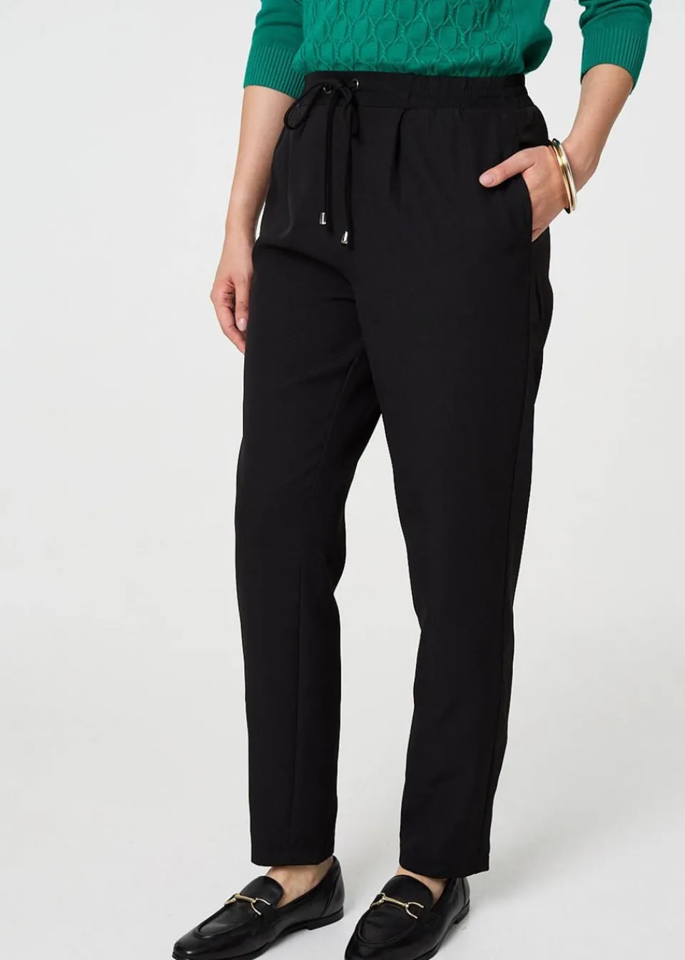 Trousers>Izabel London Black Plain Drawstring Waist Slim Trousers