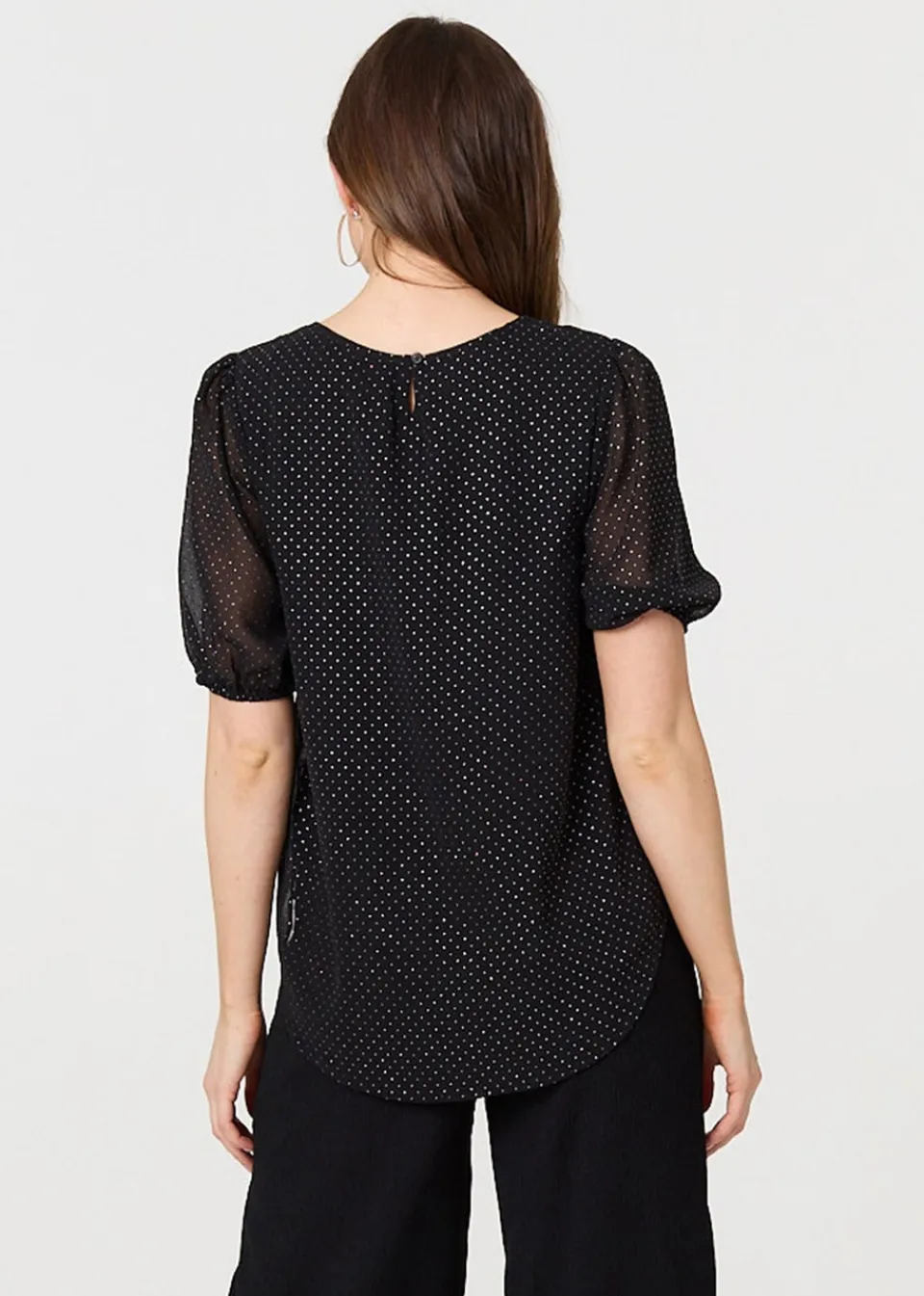 Tops>Izabel London Black Polka Dot Print Semi Sheer Blouse