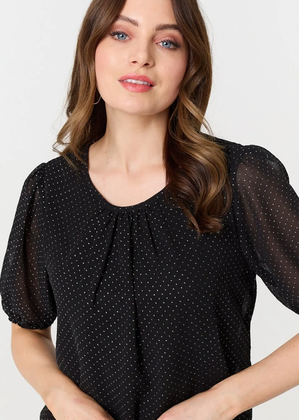 Tops>Izabel London Black Polka Dot Print Semi Sheer Blouse