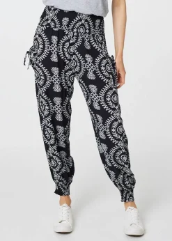 Trousers>Izabel London Black Printed Smocked Waist Harem Pants