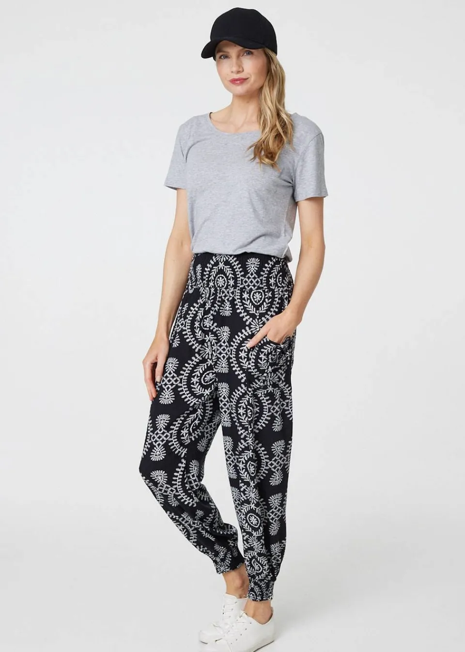 Trousers>Izabel London Black Printed Smocked Waist Harem Pants