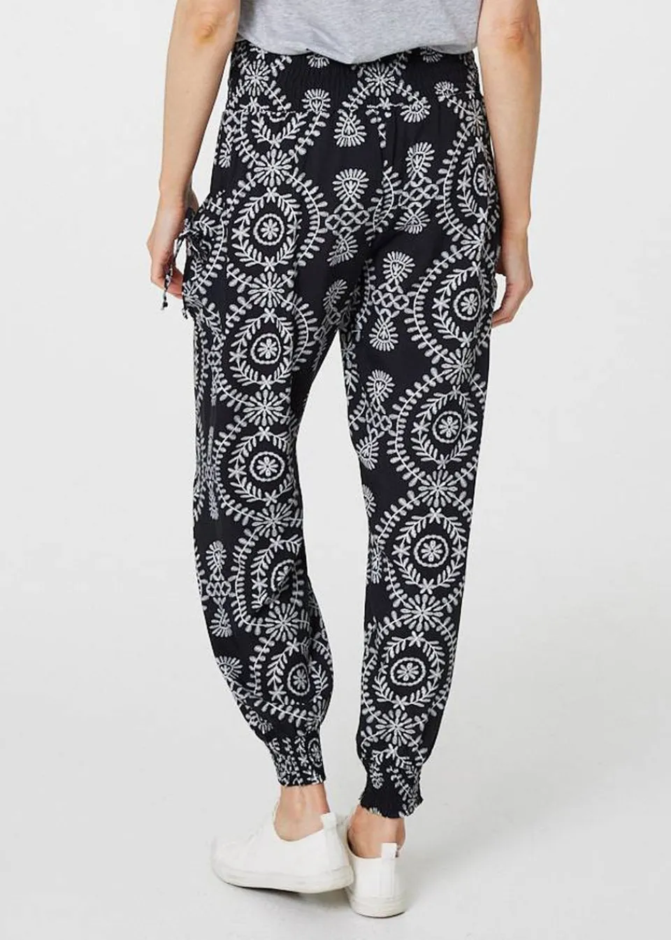 Trousers>Izabel London Black Printed Smocked Waist Harem Pants