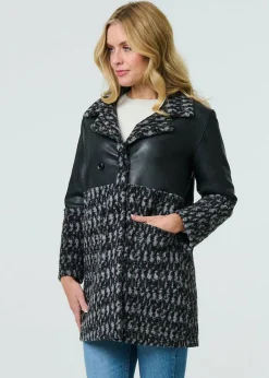 Coats & Jackets>Izabel London Black Printed Faux Leather Trim Teddy Jacket