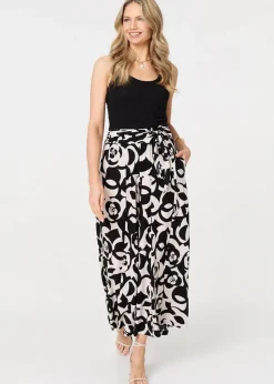 Trousers>Izabel London Black Printed Wide Leg Tie Waist Trousers