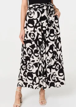 Trousers>Izabel London Black Printed Wide Leg Tie Waist Trousers