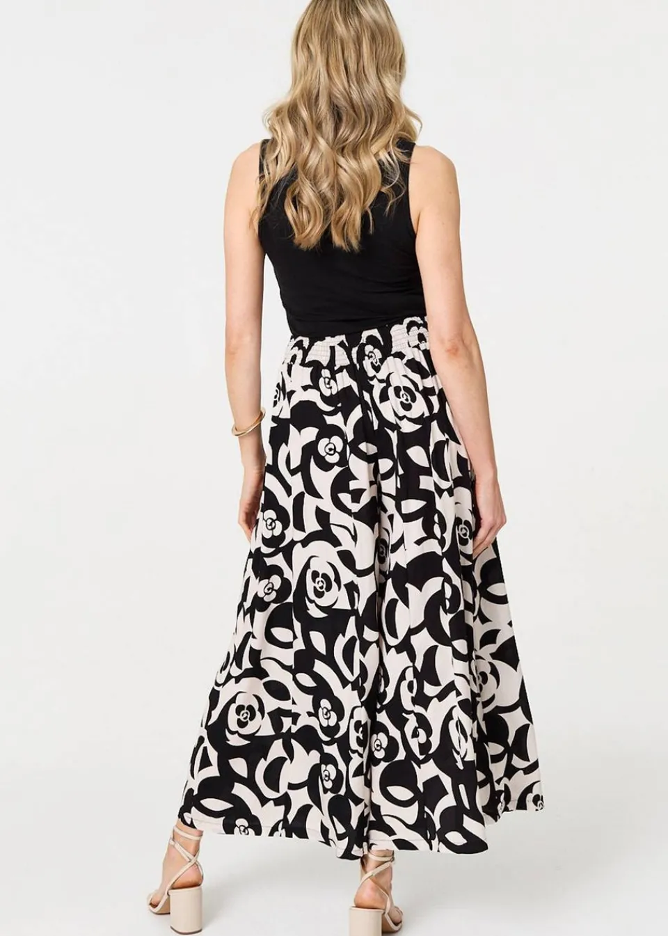 Trousers>Izabel London Black Printed Wide Leg Tie Waist Trousers