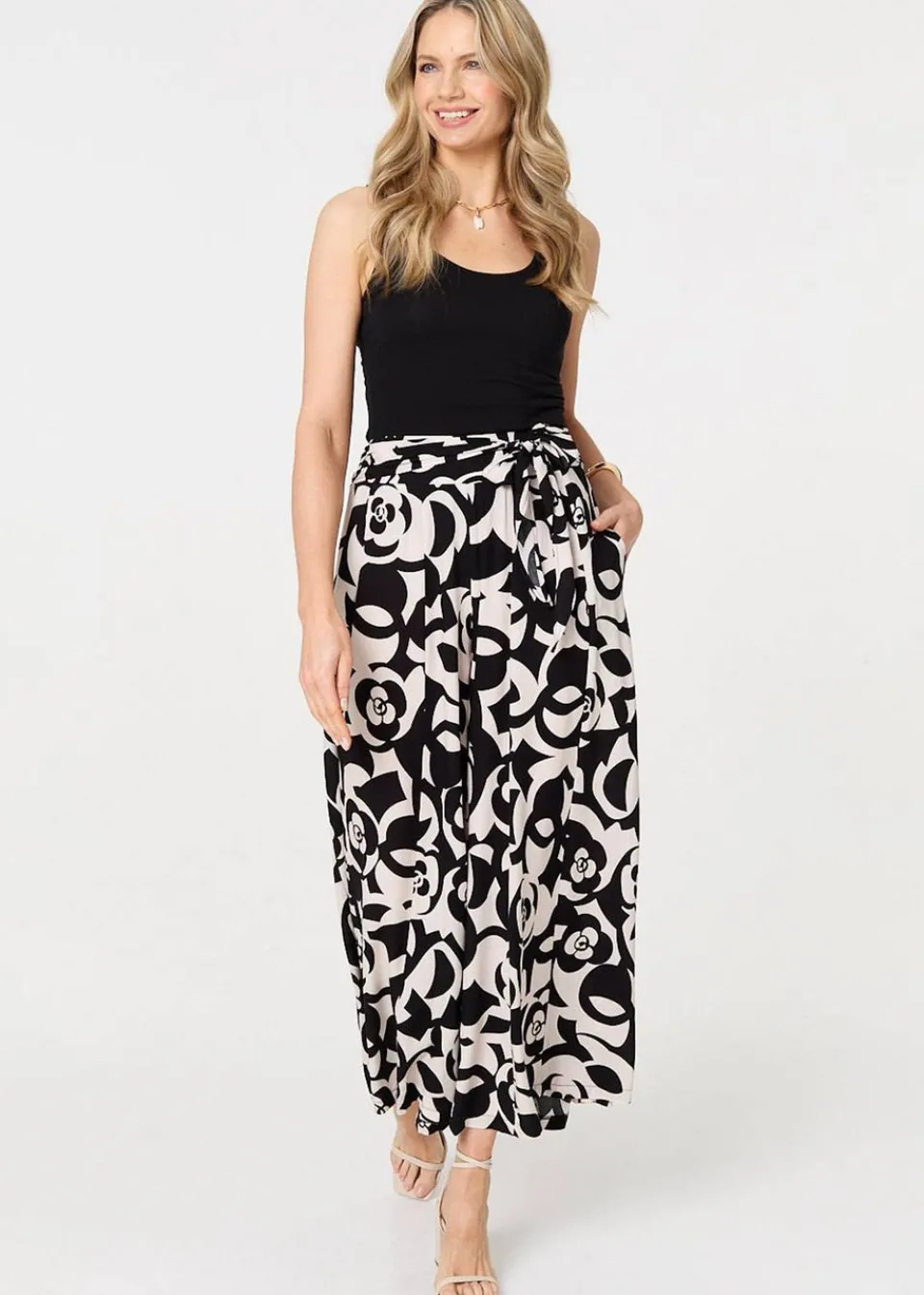 Trousers>Izabel London Black Printed Wide Leg Tie Waist Trousers