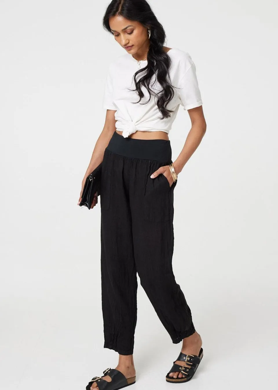 Trousers>Izabel London Black Relaxed Linen Blend Tapered Trousers