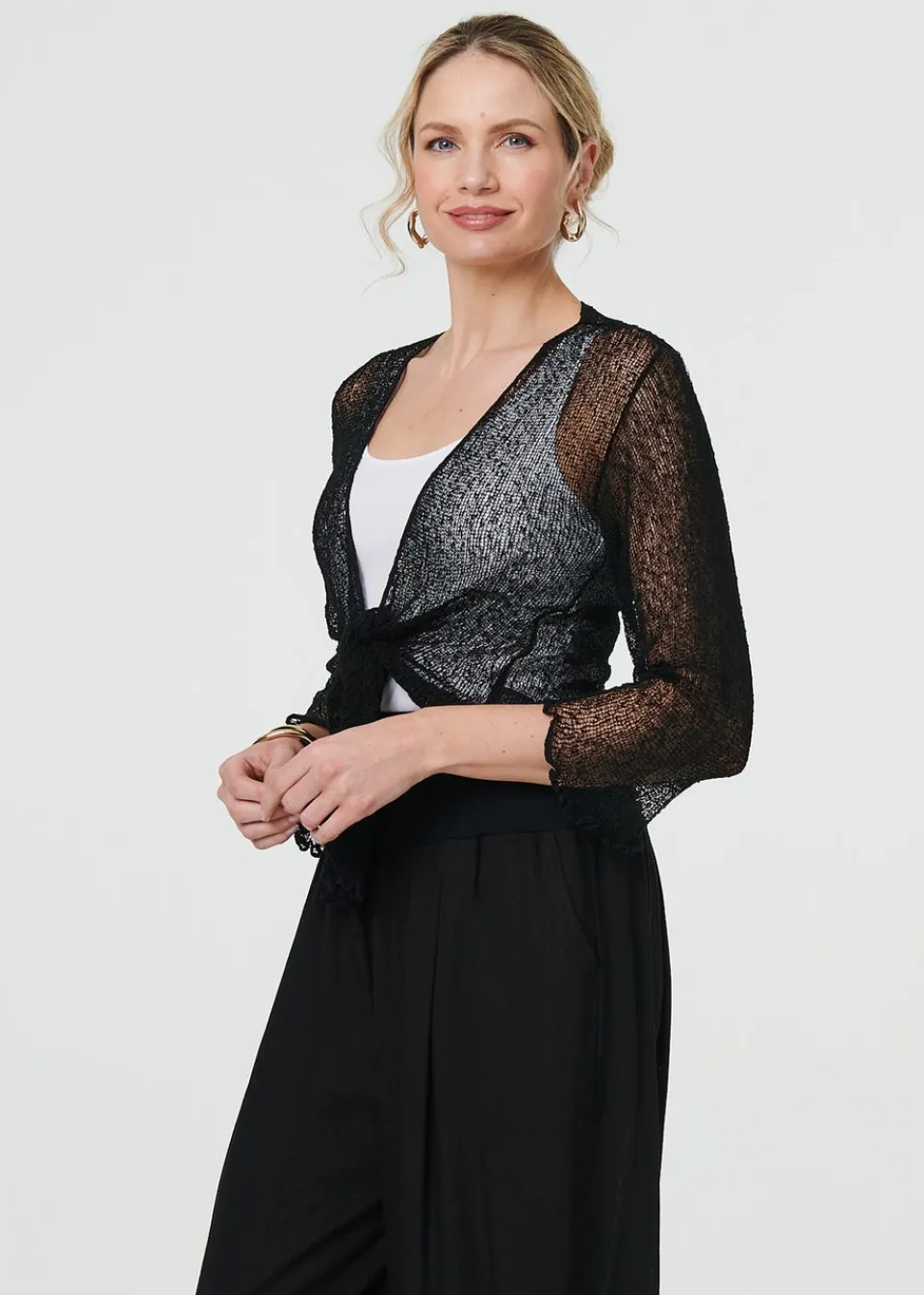 Tops>Izabel London Black Sheer 3/4 Sleeve Open Front Cardigan