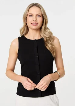 Tops>Izabel London Black Sleeveless Button Front Slim Vest Top