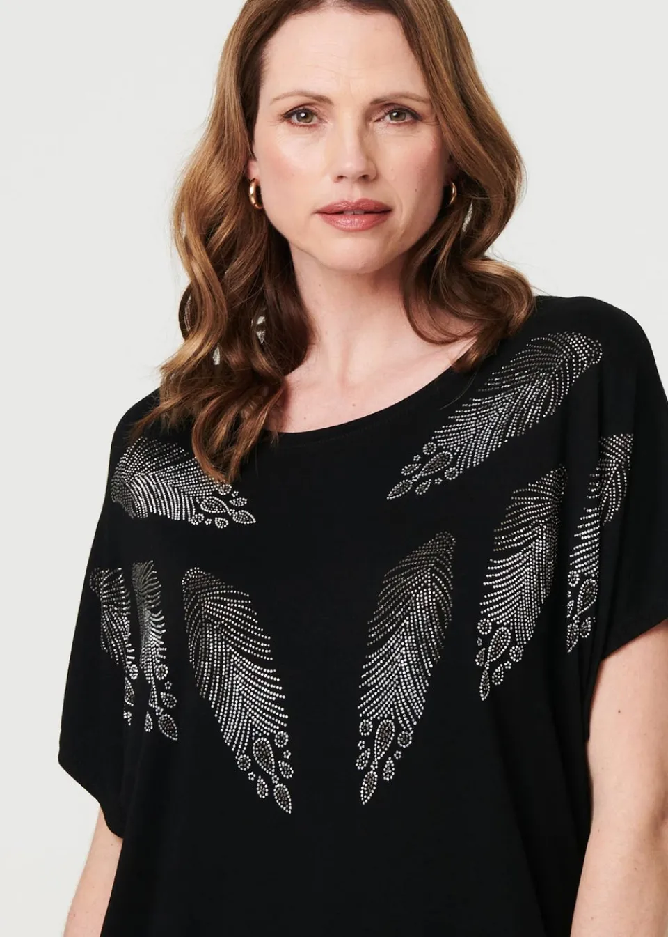T-Shirts>Izabel London Black Sparkly Feather Print Relaxed T-Shirt