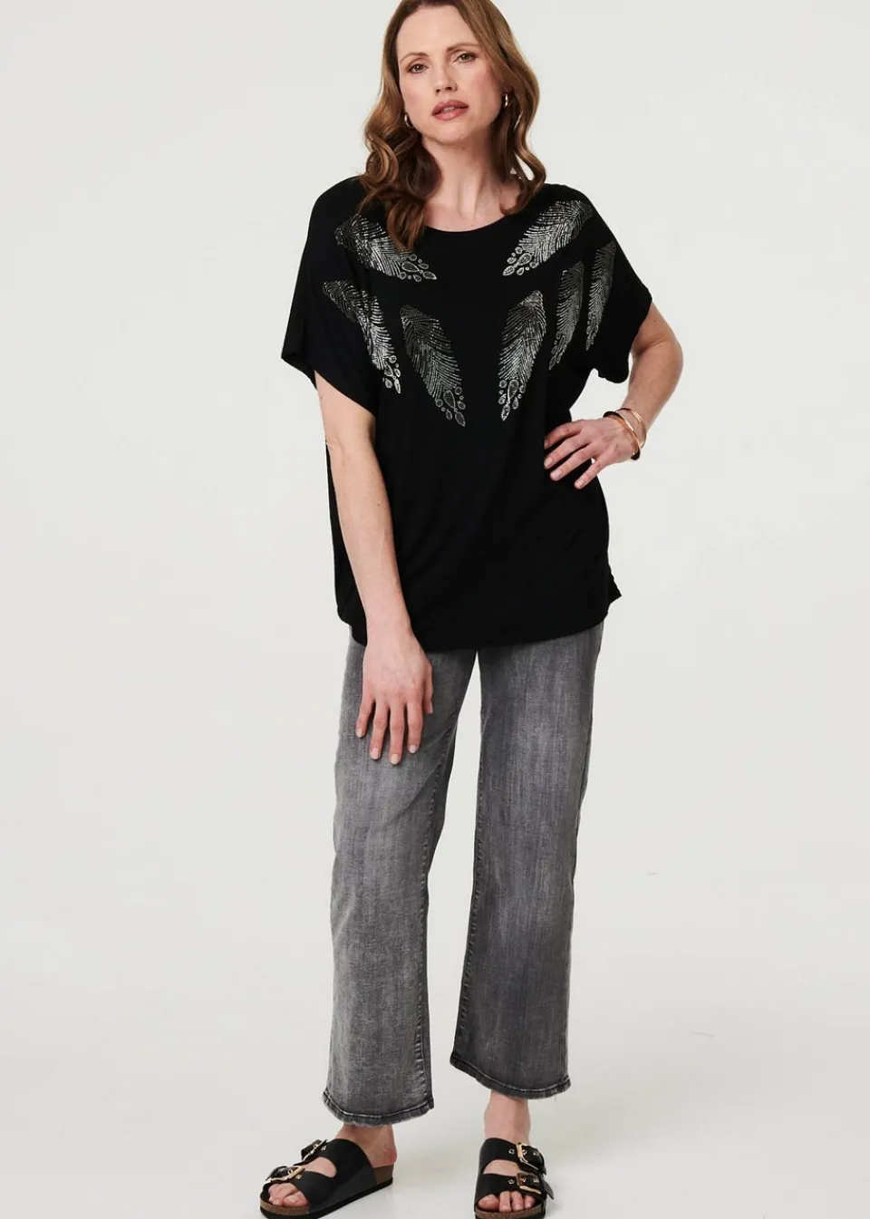 T-Shirts>Izabel London Black Sparkly Feather Print Relaxed T-Shirt