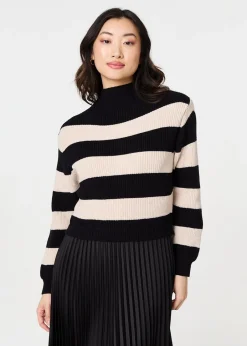 Tops>Izabel London Black Striped High Neck Pleat Knit Maxi Dress