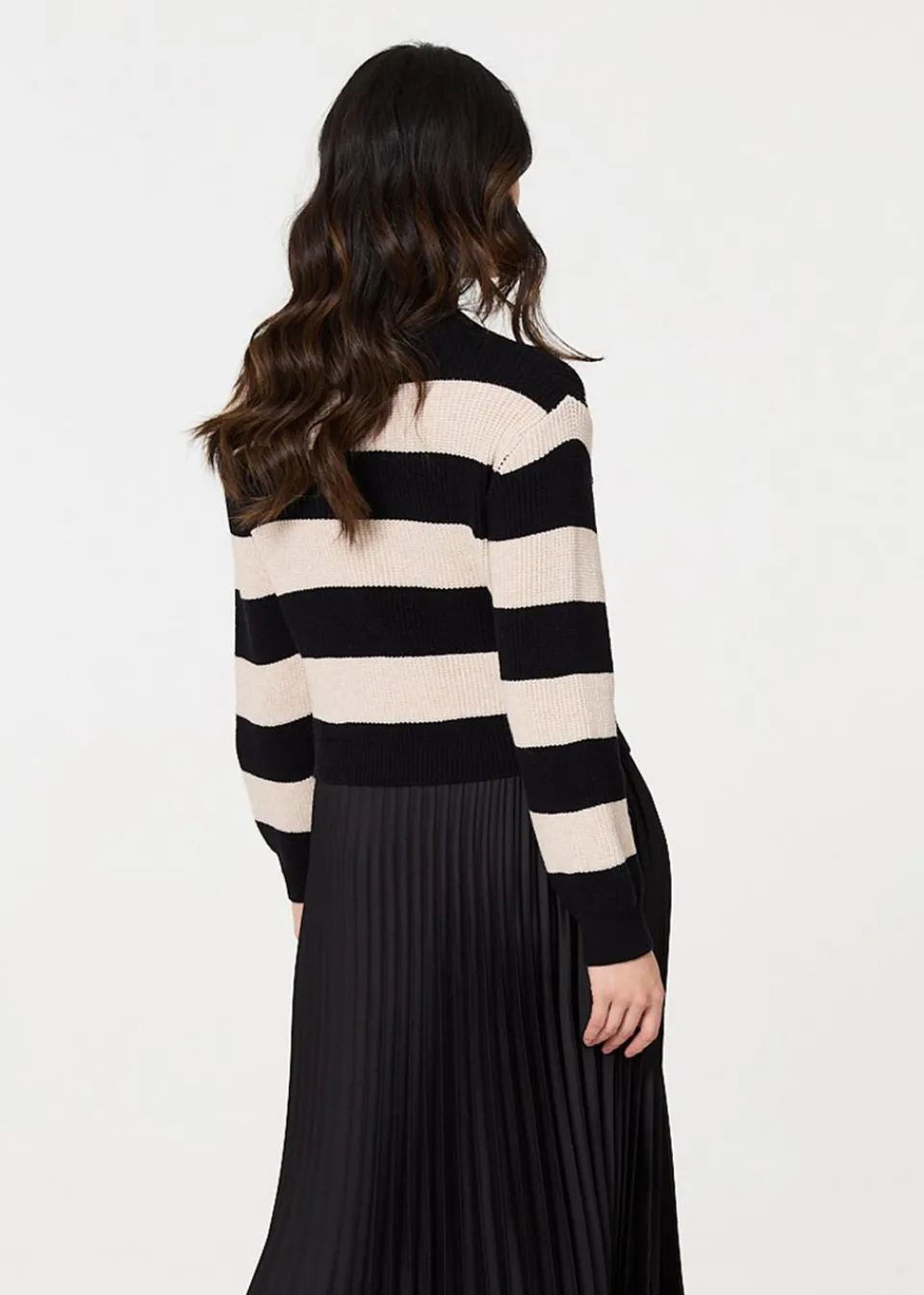 Tops>Izabel London Black Striped High Neck Pleat Knit Maxi Dress