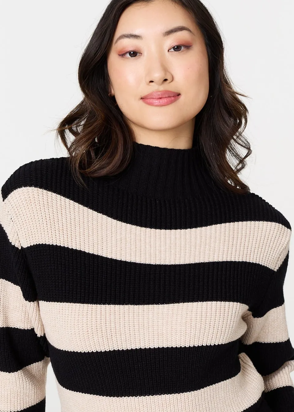 Tops>Izabel London Black Striped High Neck Pleat Knit Maxi Dress