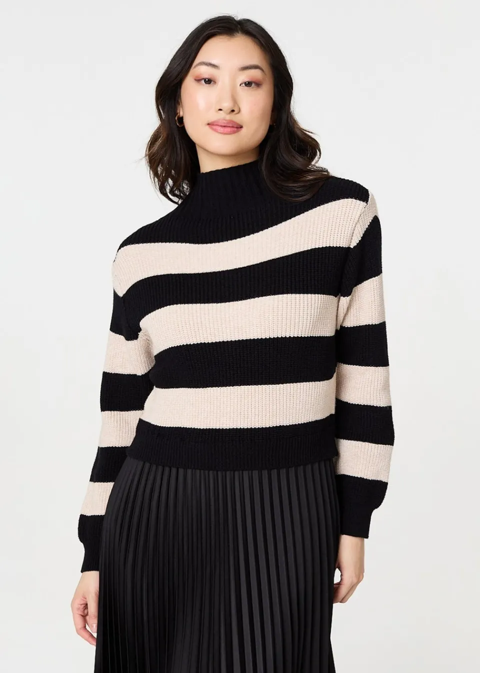 Tops>Izabel London Black Striped High Neck Pleat Knit Maxi Dress
