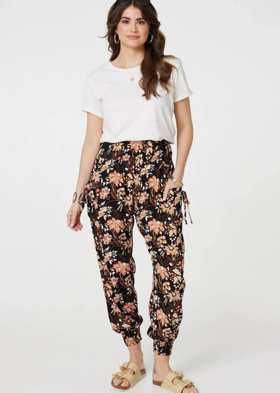 Trousers>Izabel London Black Vintage Floral Shirred Waist Harem Pants