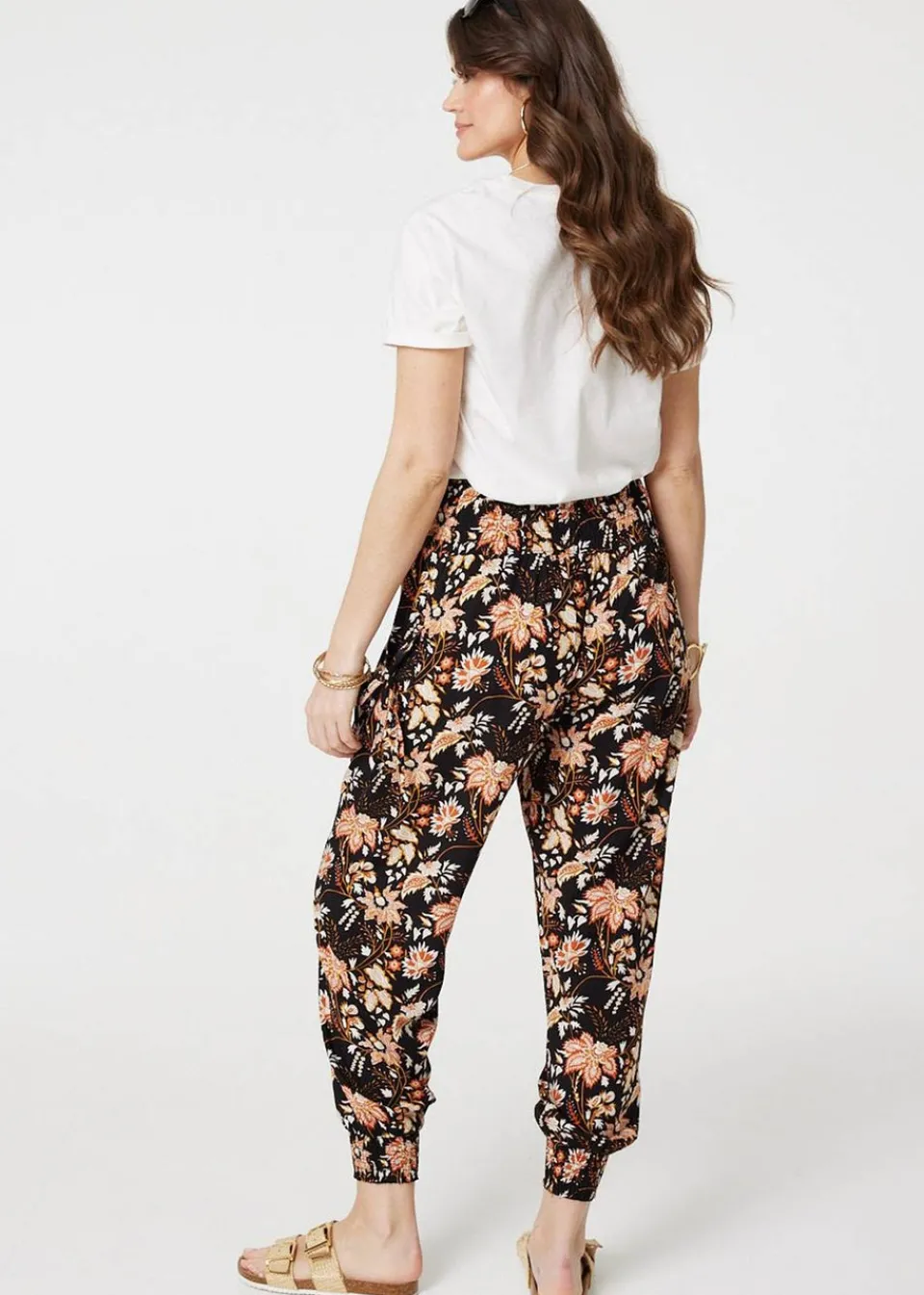 Trousers>Izabel London Black Vintage Floral Shirred Waist Harem Pants