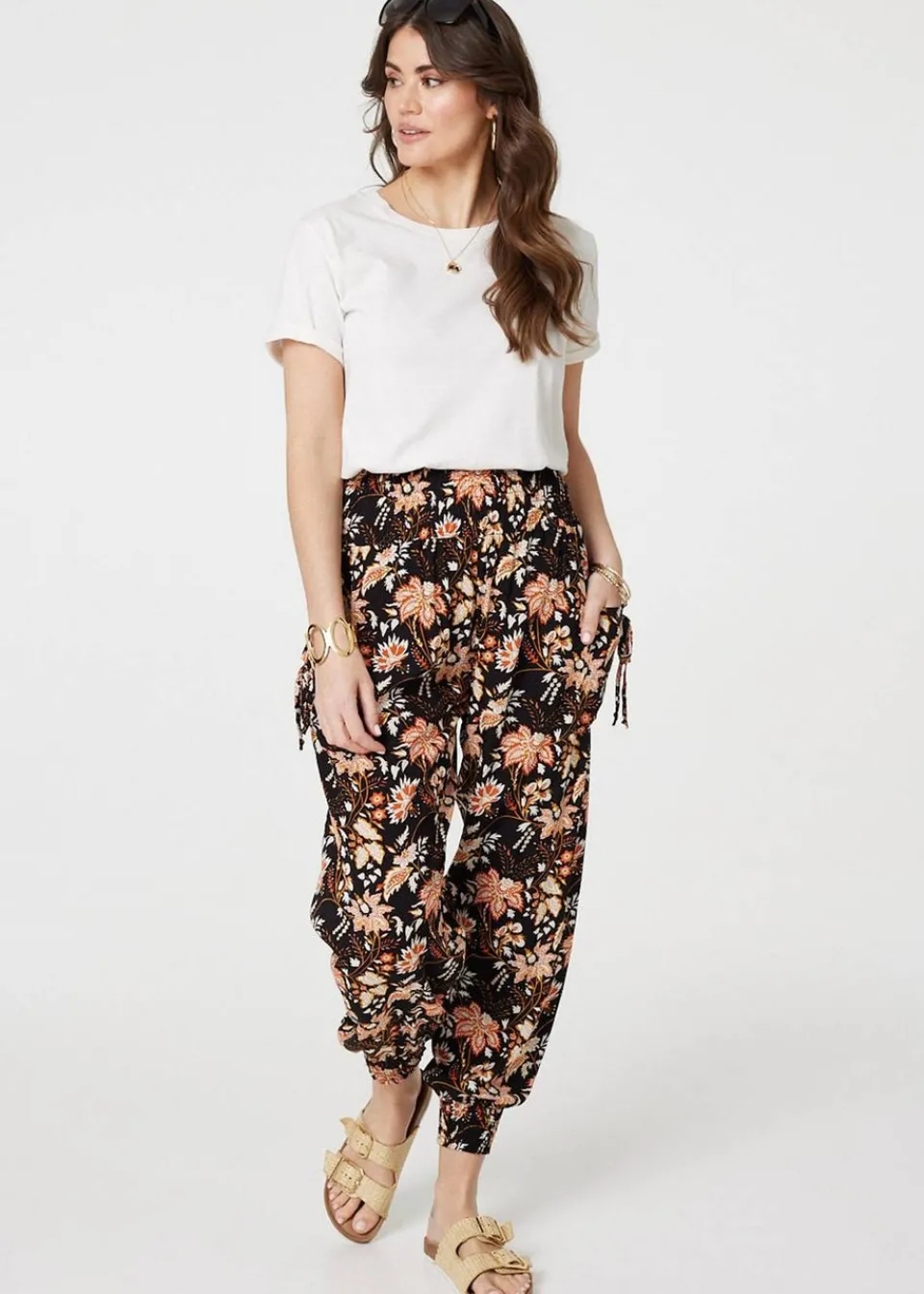 Trousers>Izabel London Black Vintage Floral Shirred Waist Harem Pants