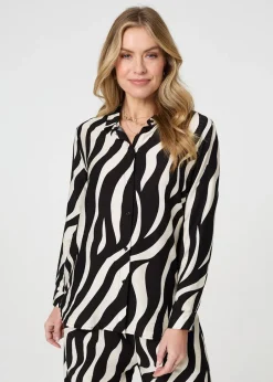 Tops>Izabel London Black Zebra Print Long Sleeve Relaxed Shirt