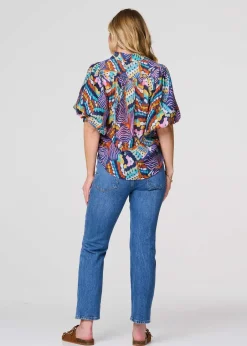 Tops>Izabel London Blue Abstract Puff 1/2 Sleeve Shirt
